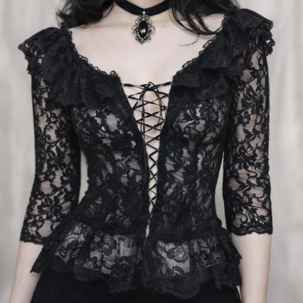 Vintage 80s 90s Alana Gale Lace Peplum Corset Blouse Gothic Victorian Top M